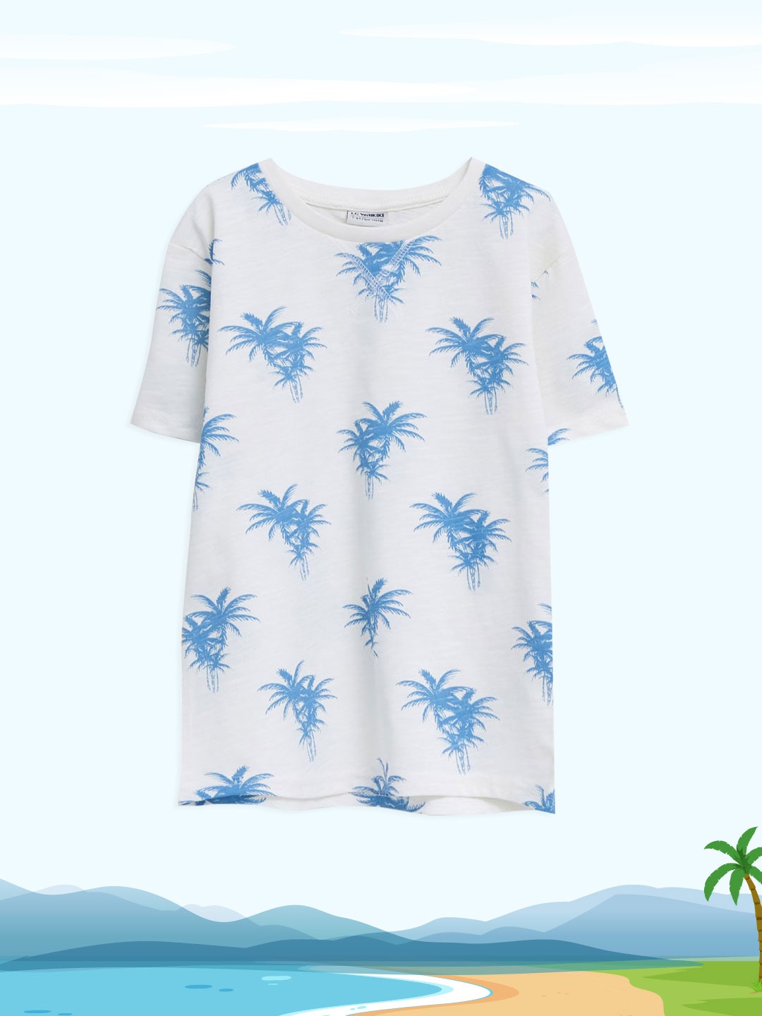 

LC Waikiki Boys Blue & White Pure Cotton Drop-Shoulder Sleeves Tropical PrintT-shirt