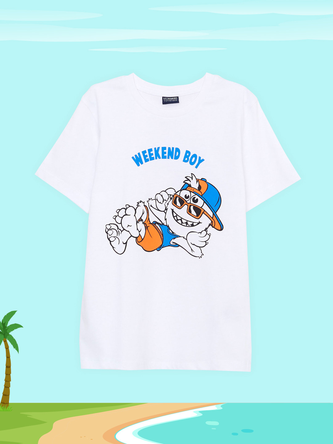 

LC Waikiki Boys White & Blue Printed Pure Cotton T-shirt