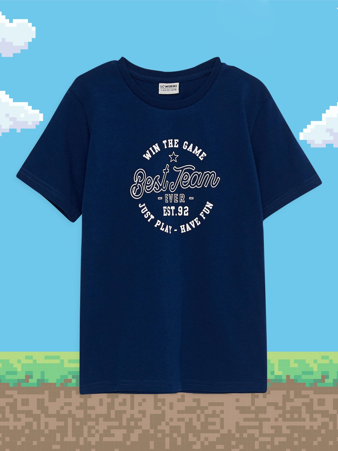 

LC Waikiki Boys Navy Blue & White Typography Printed Pure Cotton T-shirt
