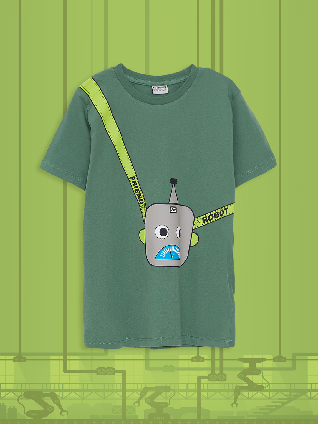 

LC Waikiki Boys Green & Grey Pure Cotton Graphic Print Drop-Shoulder Sleeves T-shirt