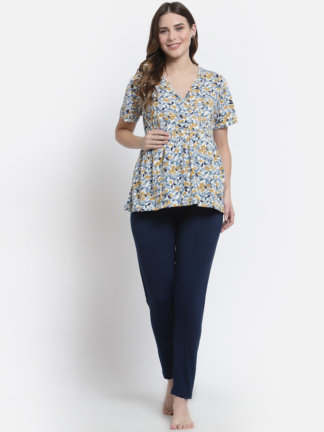 

Tiara Navy Blue & White Maternity Pure Cotton Printed Night suit