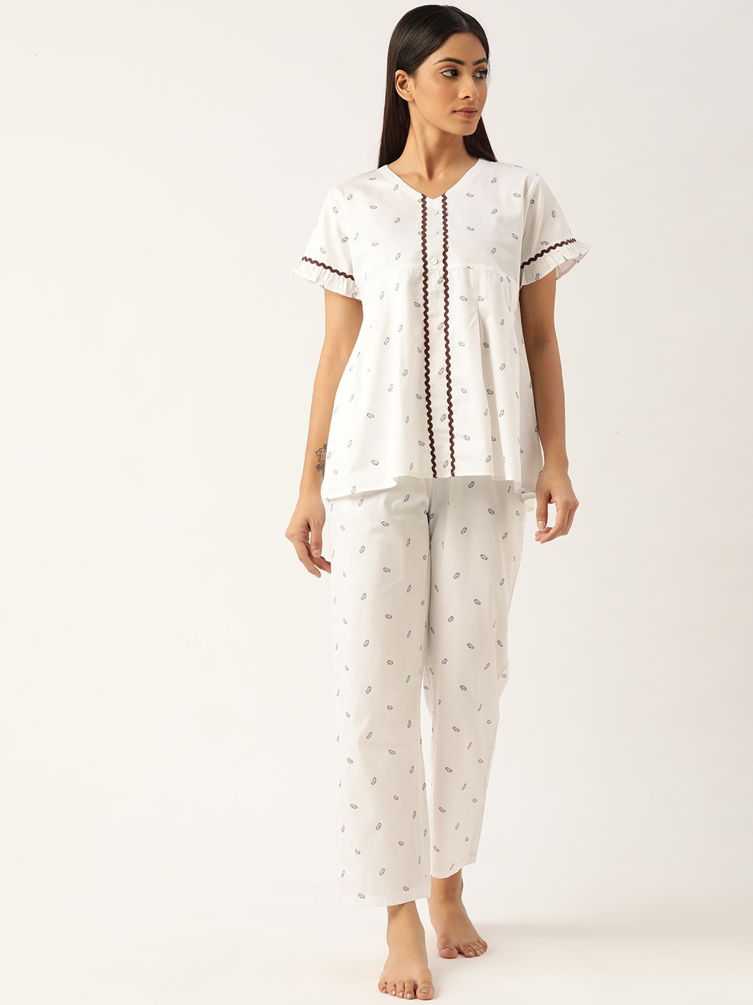 

BROOWL Women White Printed Cotton Night suit