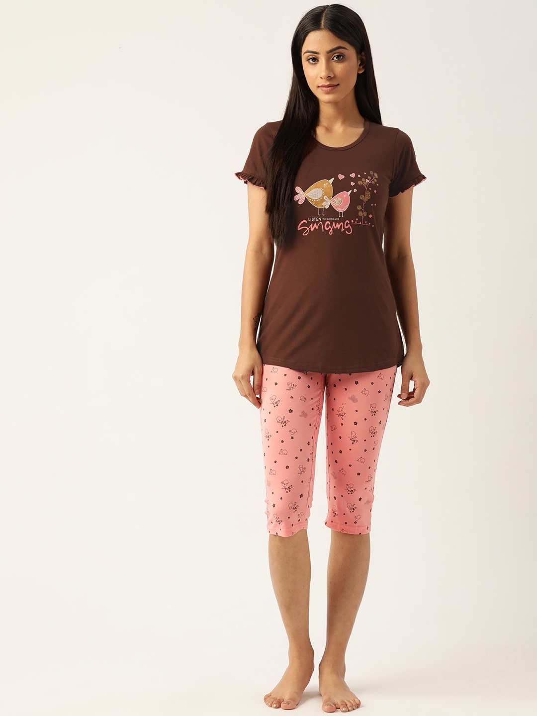 

BROOWL Women Brown & Peach-Coloured Printed Cotton Night suit