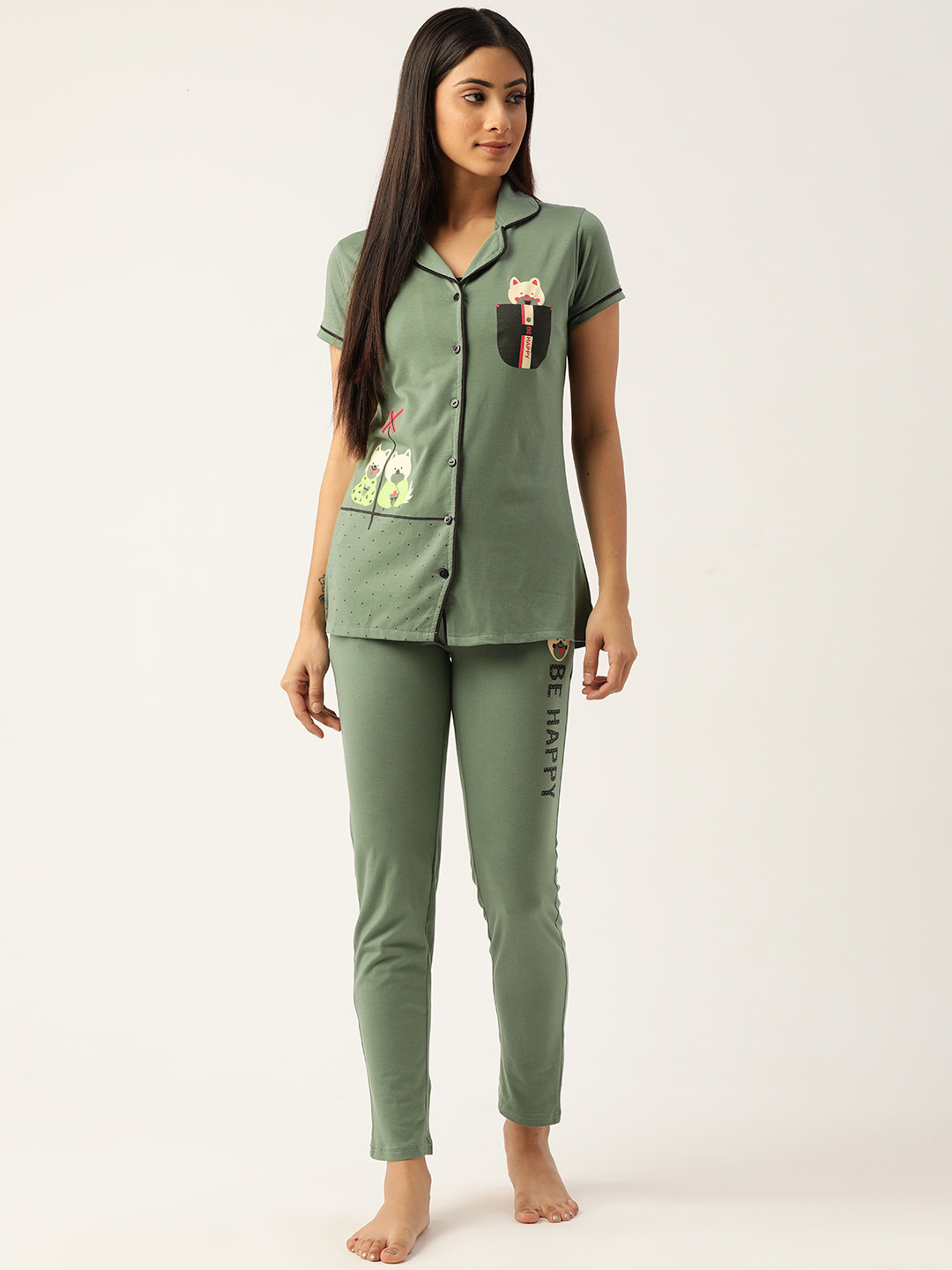 

BROOWL Women Olive Green Printed Night suit