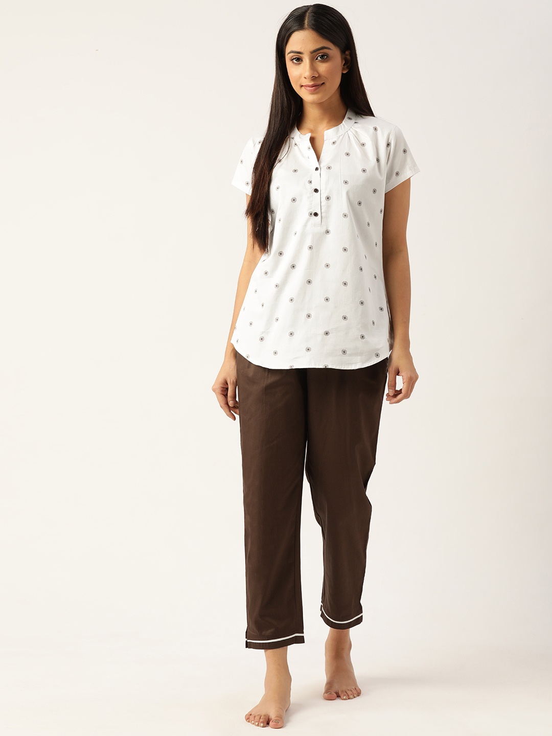 

BROOWL Women Grey & Brown Printed Cotton Night suit