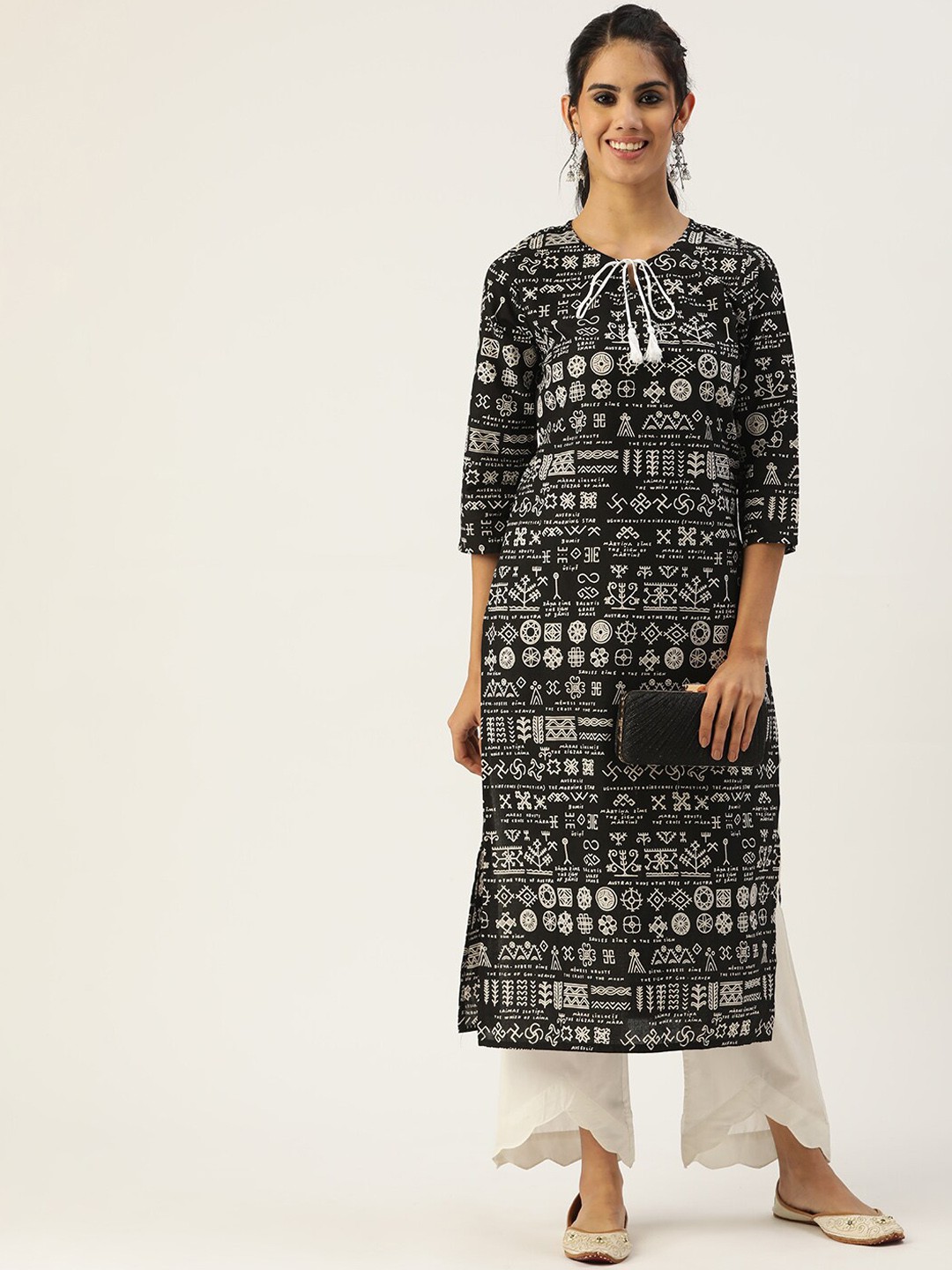 

INDYES Women Black & eerie black Geometric Printed Keyhole Neck Thread Work Indie Prints Kurta