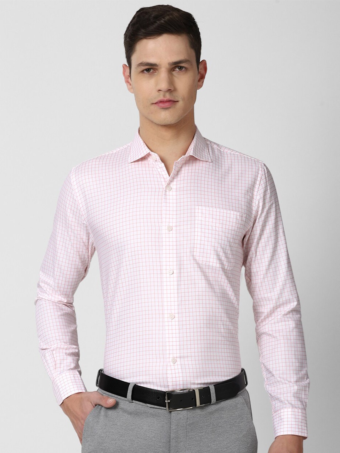 

Peter England Elite Men Pink Slim Fit Grid Tattersall Checks Checked Formal Shirt