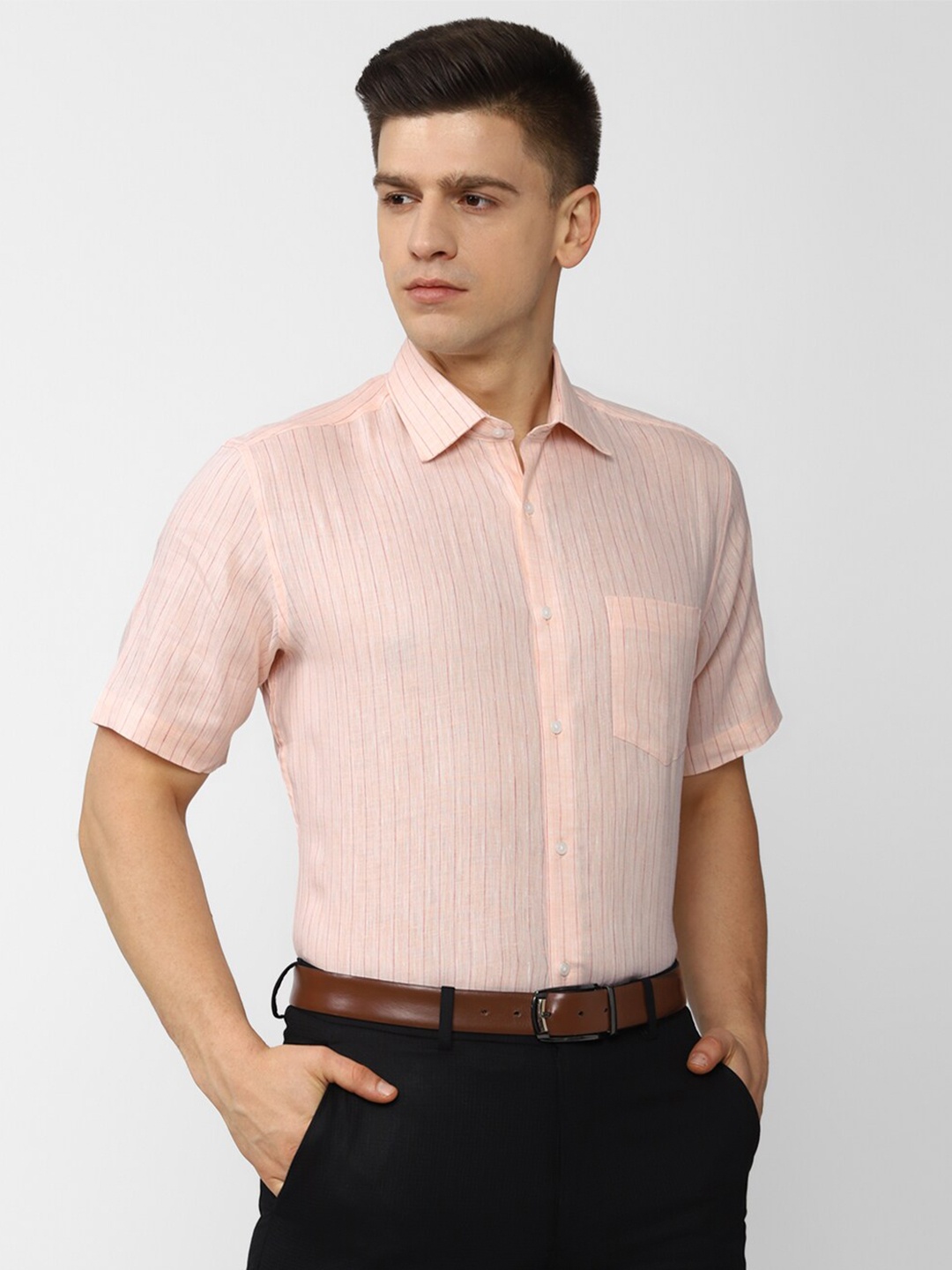 

Van Heusen Men Peach-Coloured Striped Formal Shirt