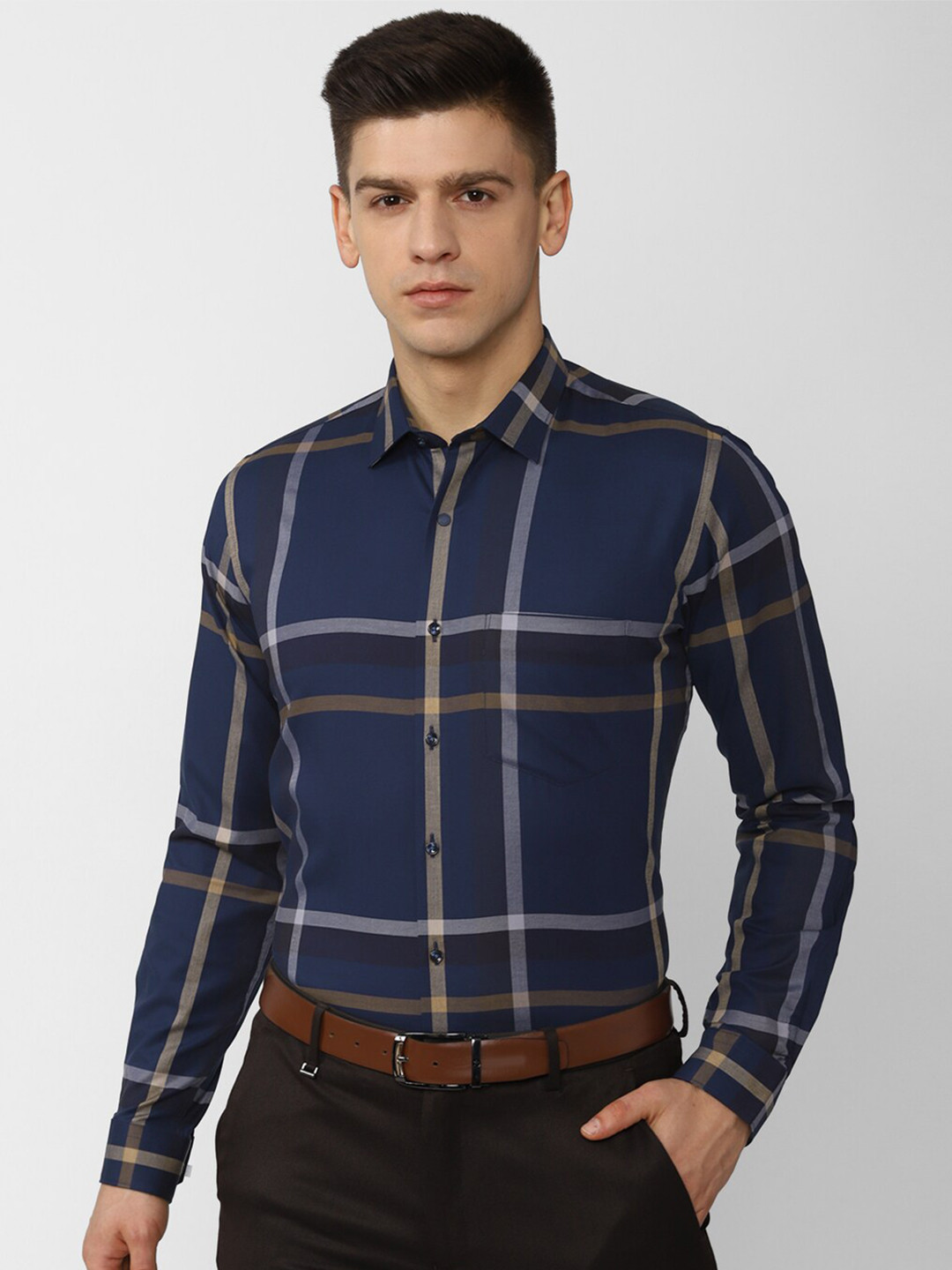 

Van Heusen Men Navy Blue Slim Fit Windowpane Checks Checked Formal Shirt