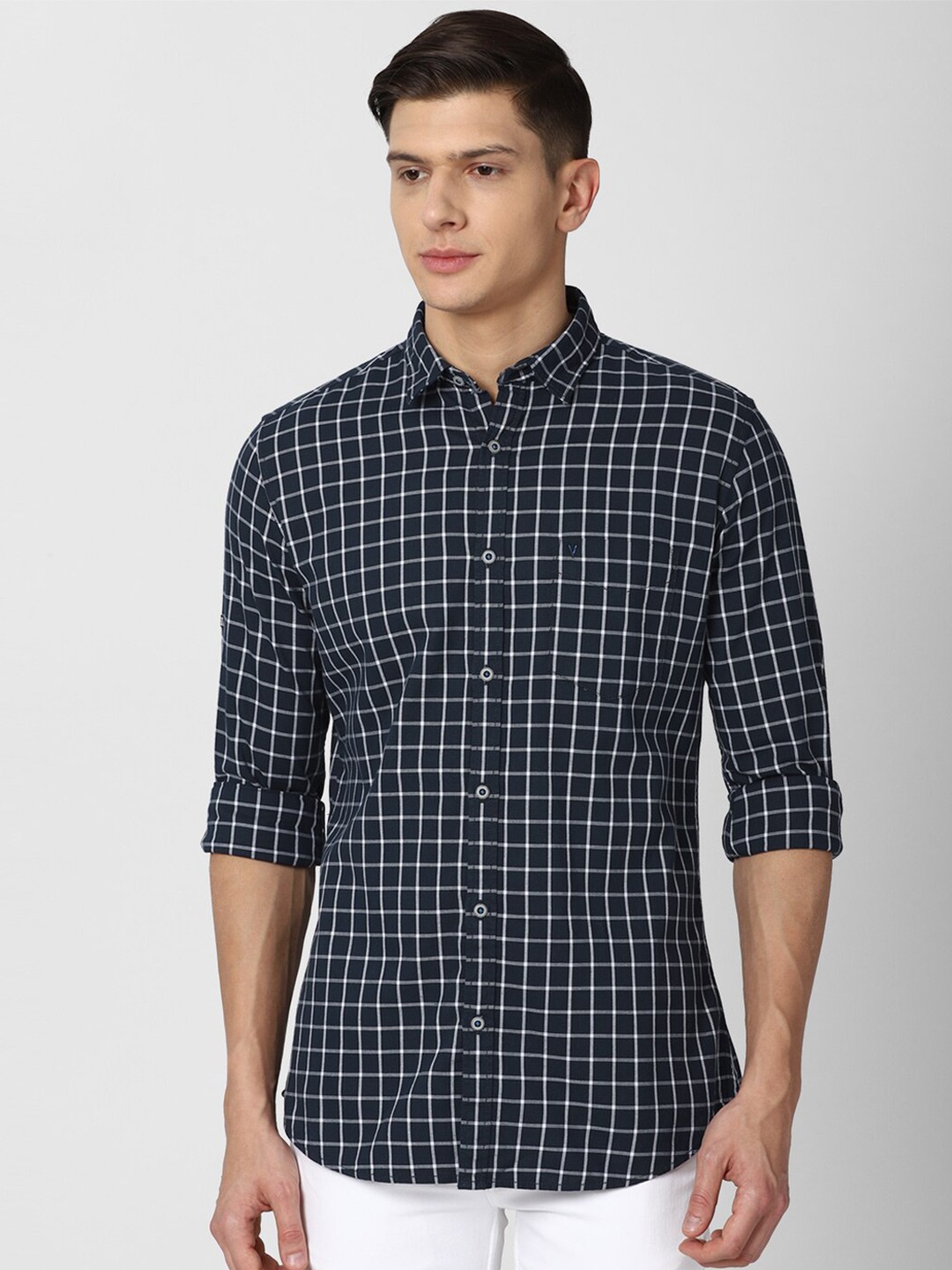 

VAN HEUSEN DENIM LABS Men Navy Blue Slim Fit Grid Tattersall Checks Checked Casual Shirt