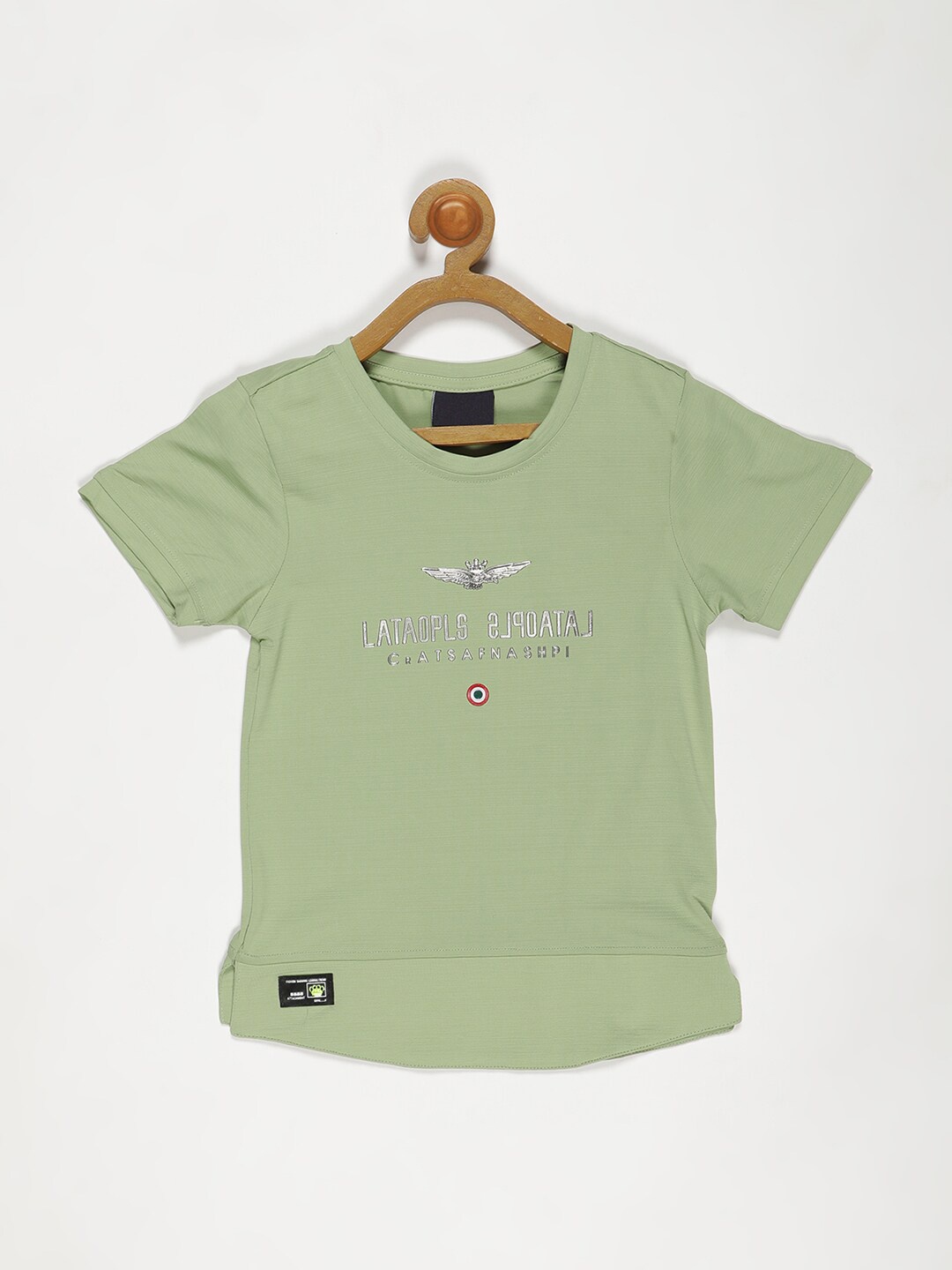 

V2 Value & Variety Boys Green & silver gray Typography V-Neck Extended Sleeves Applique T-shirt