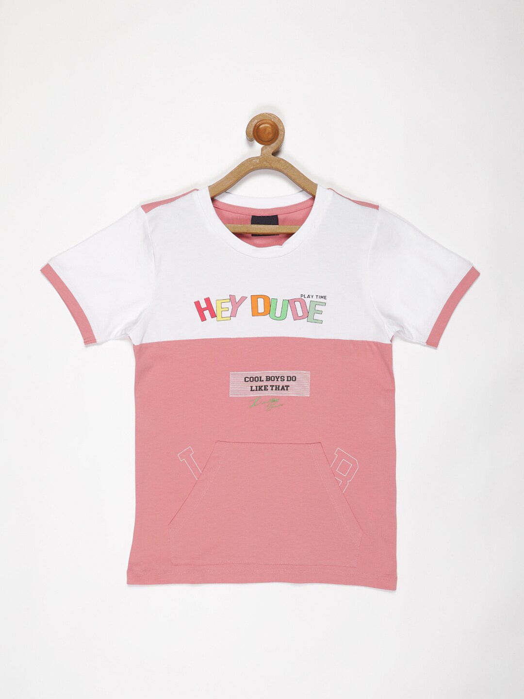 

V2 Value & Variety Boys Peach-Coloured & coral almond V-Neck Applique T-shirt