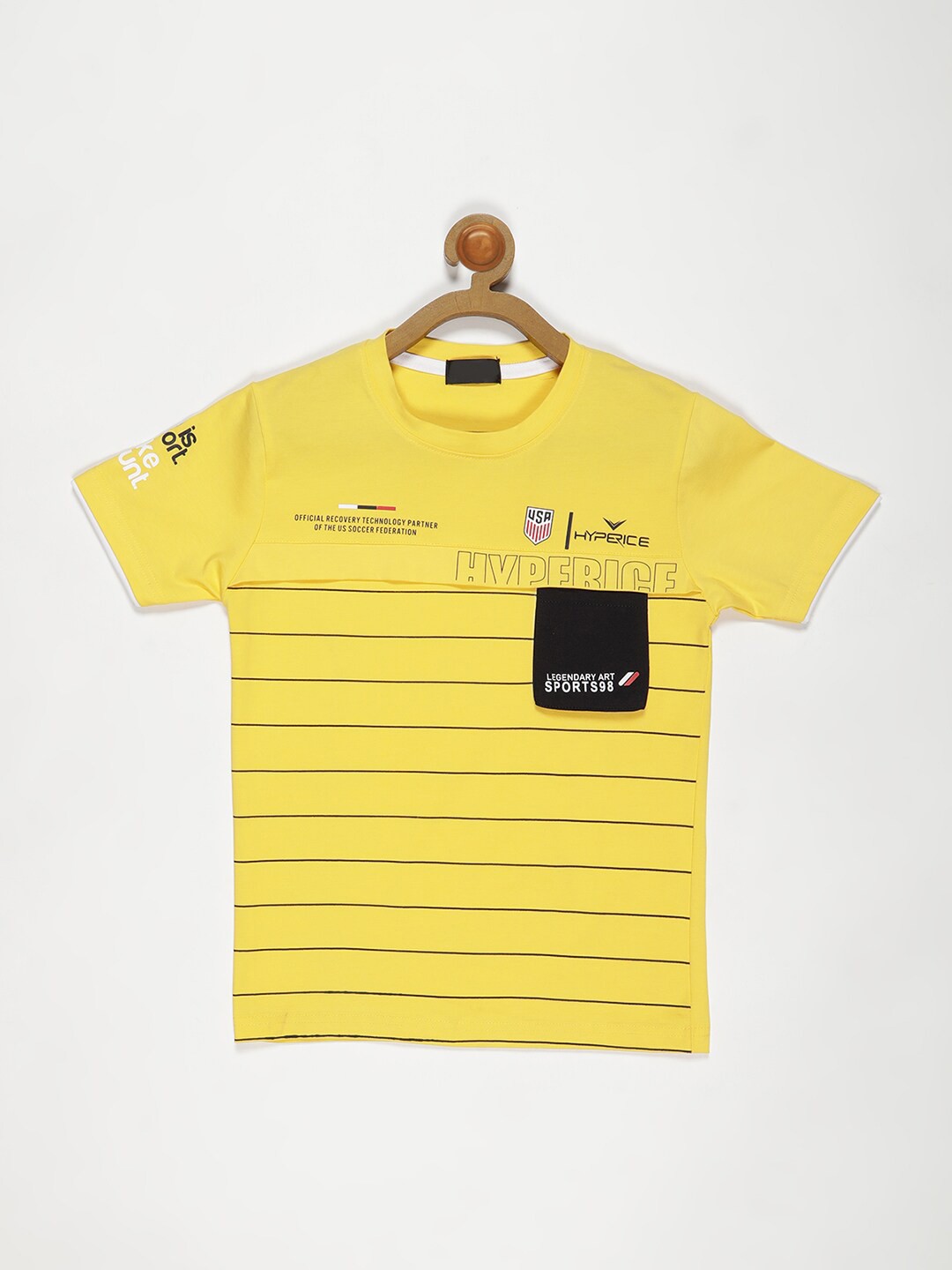 

V2 Value & Variety Boys Gold-Toned & naples yellow Typography Striped Applique T-shirt