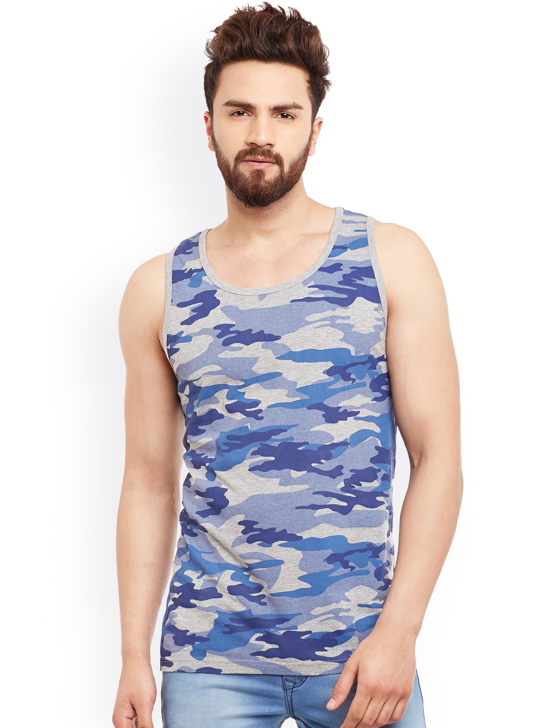 

GRITSTONES Grey & Blue Camouflage Print Innerwear Vest GSVSTARMYPNTGMEL