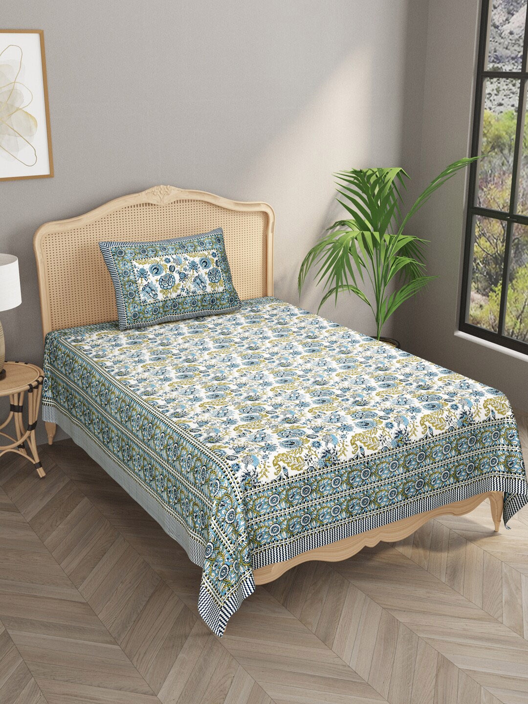 

Gulaab Jaipur Blue & White Floral 600 TC Single Bedsheet With 1 Pillow Covers