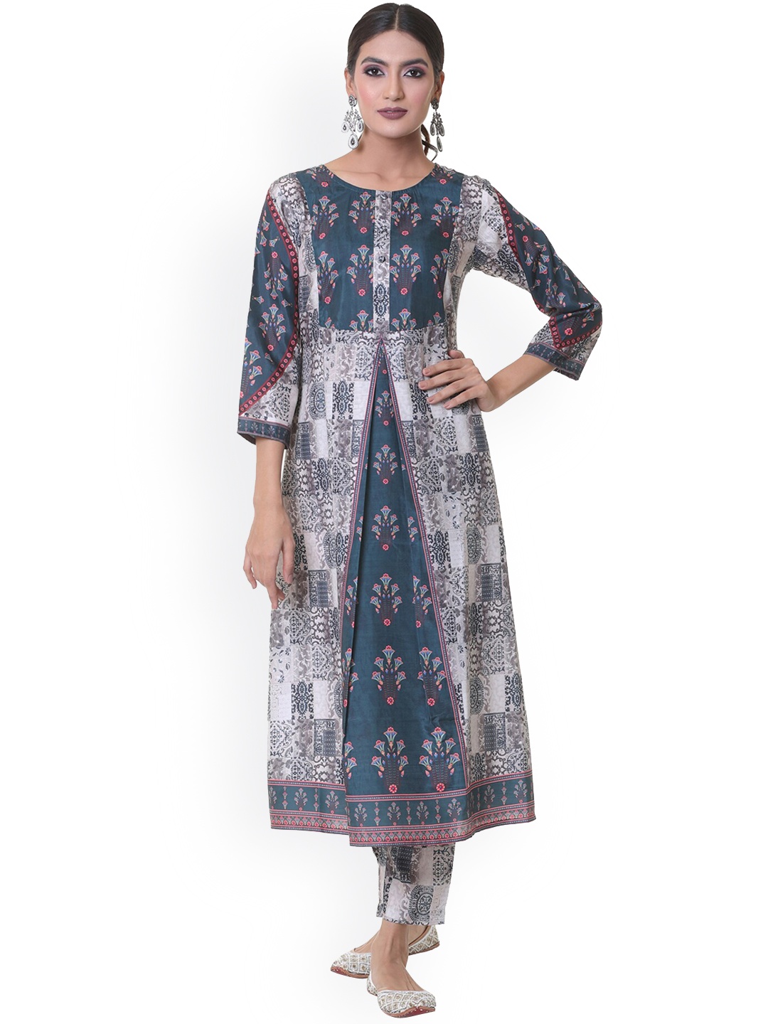 

HEEPOSH Women Multicoloured Floral Printed Pleated Pure Cotton Kurti with Trousers & With Dupatta, Multi