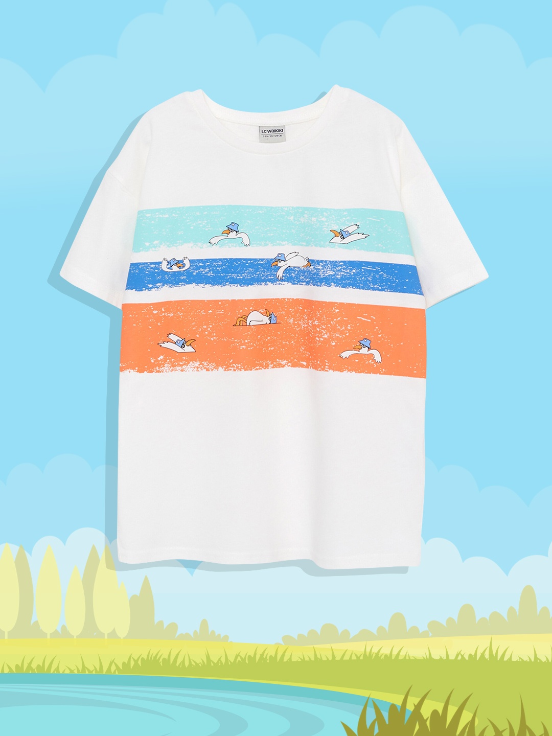 

LC Waikiki Boys Off White & Blue Conversational Print Pure Cotton T-shirt