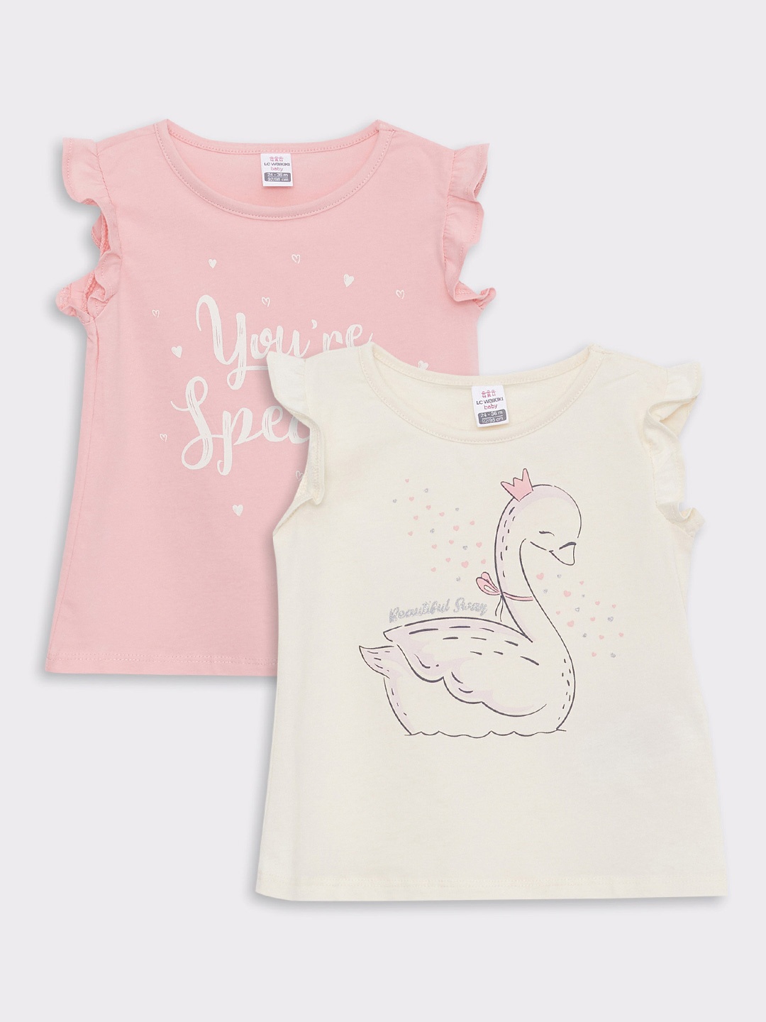 

LC Waikiki Girls Pack of 2 Cream-Coloured & Pink Printed Pure Cotton T-shirt