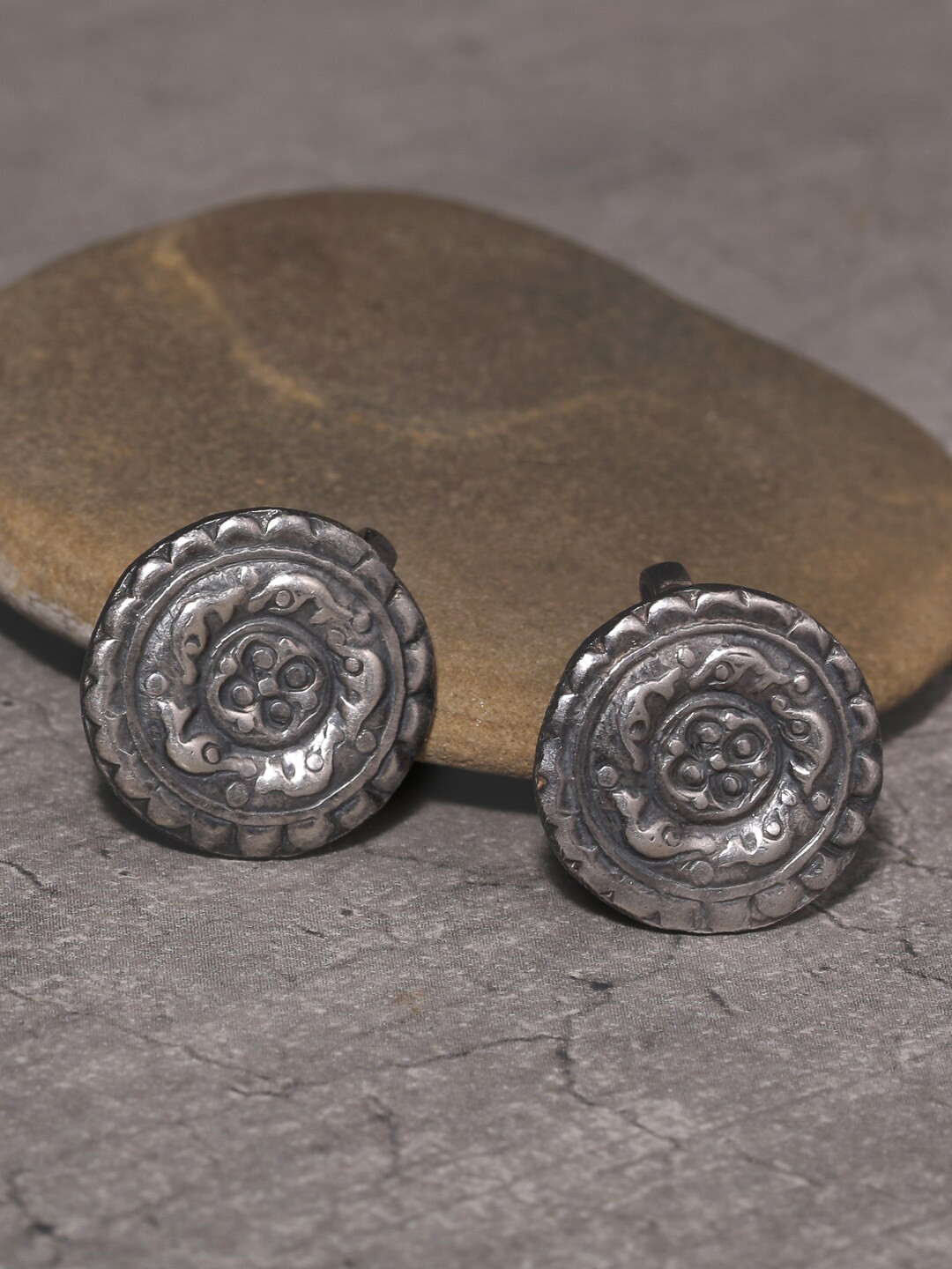 

ADORN by Nikita Ladiwala Silver-Toned Circular Studs Earrings