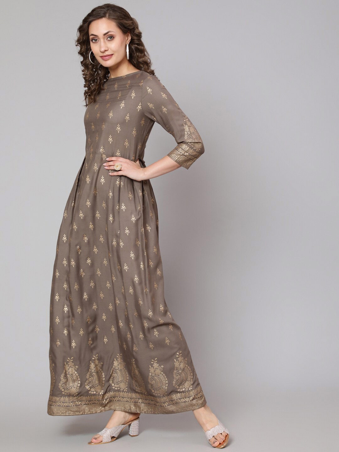 

Nayo Grey & brown Ethnic Motifs Ethnic Maxi Dress