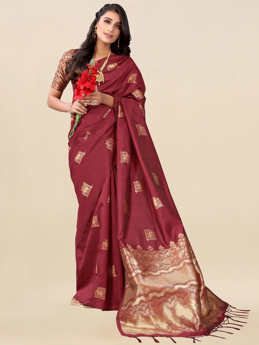 

Satrani Maroon Floral Zari Saree