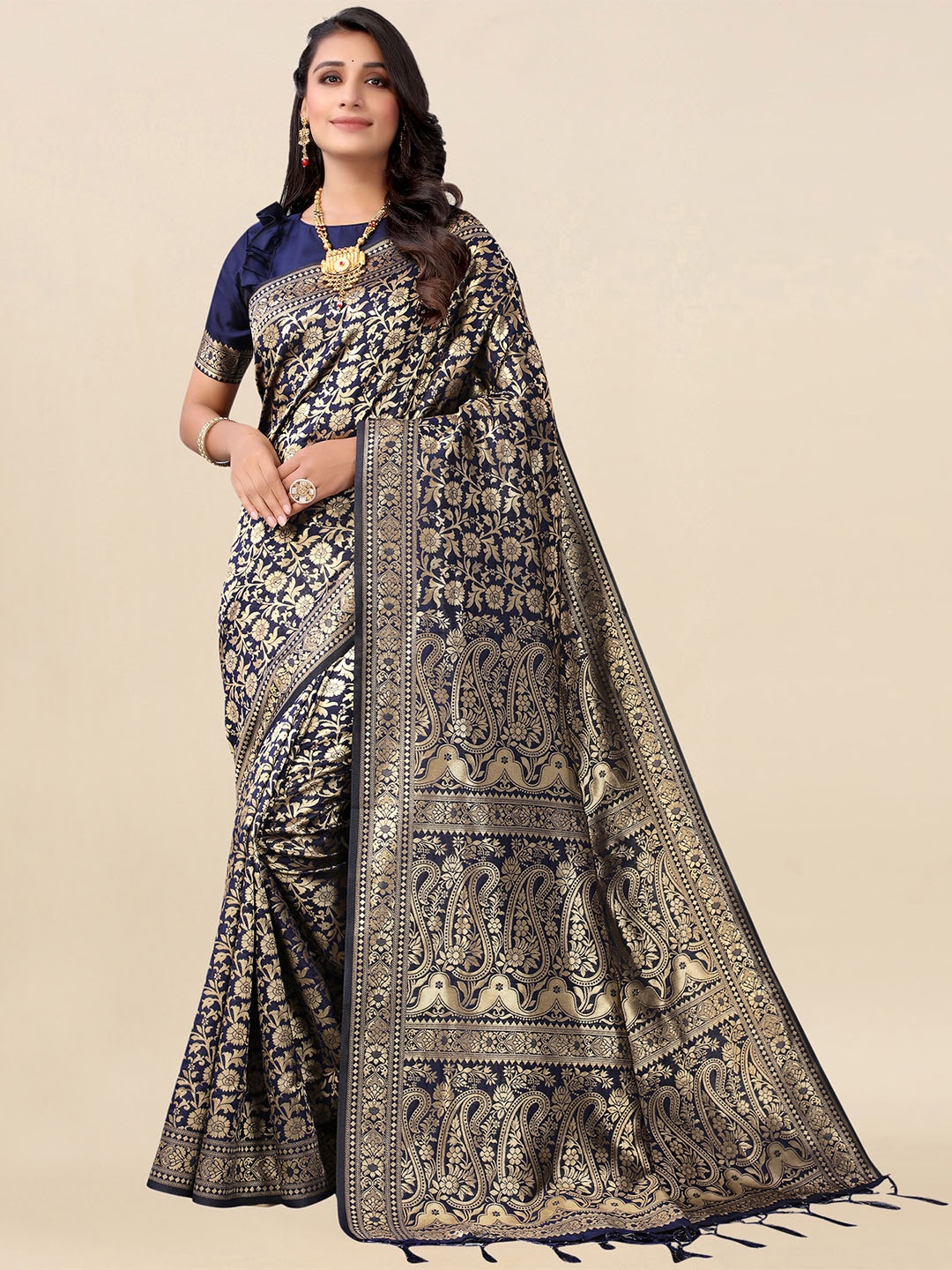 

Satrani Navy Blue & Gold-Toned Woven Design Zari Kanjeevaram Saree