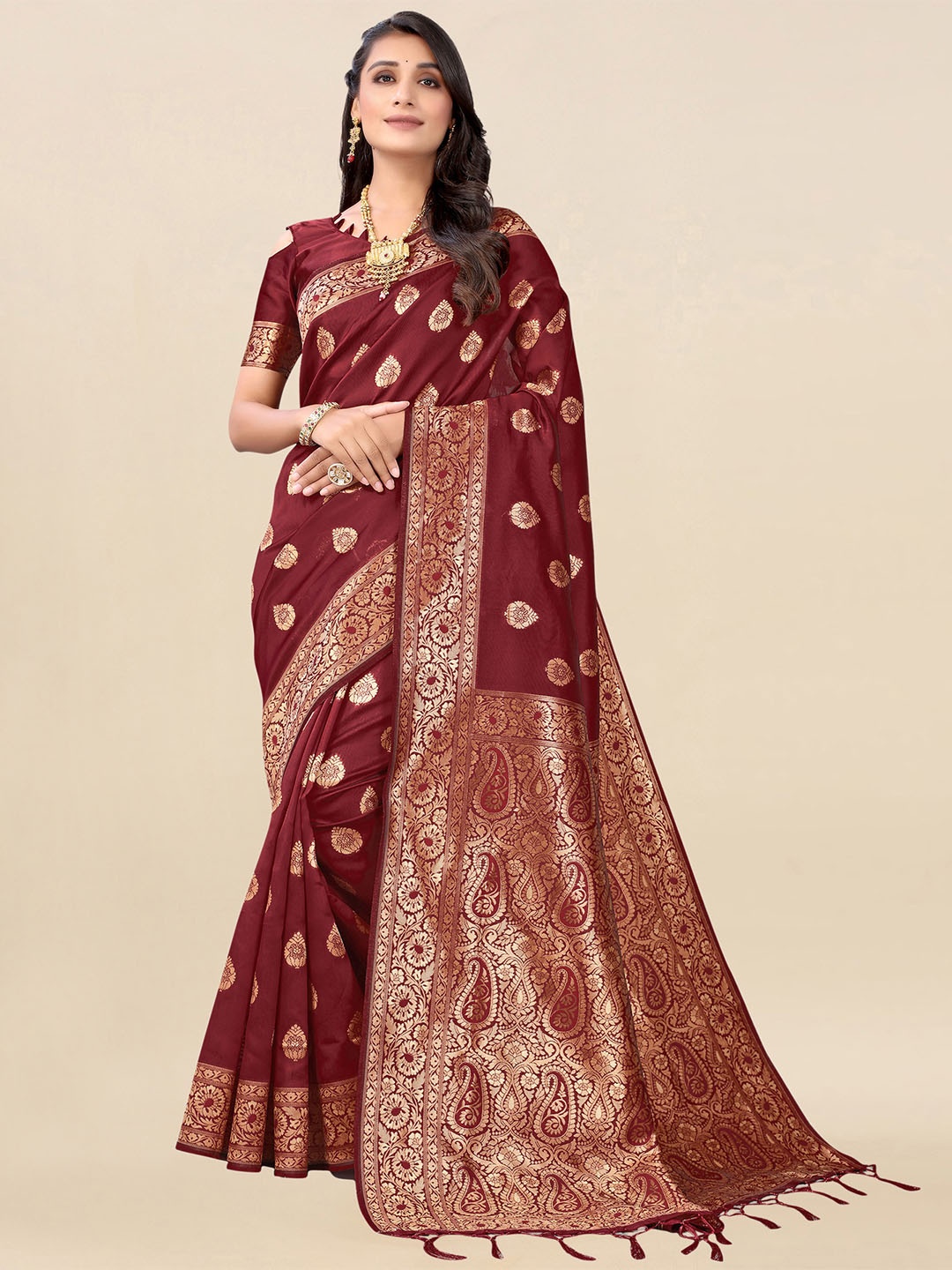 

Satrani Maroon & Gold-Toned Woven Design Banarasi Saree
