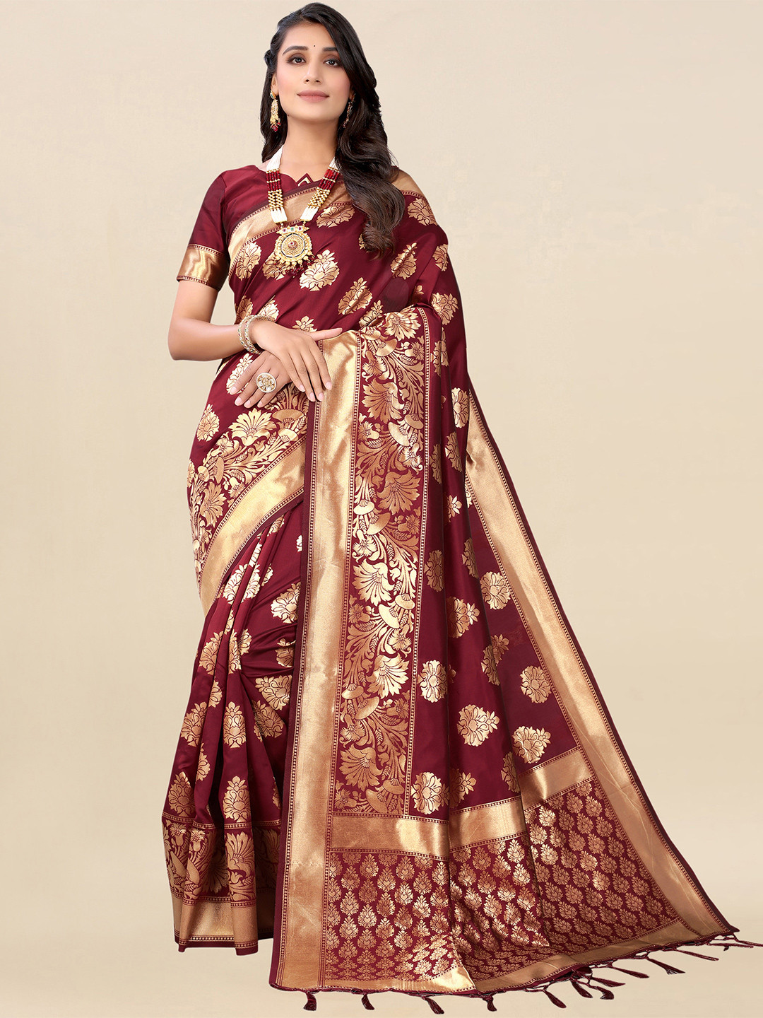 

Satrani Maroon & Gold-Toned Woven Design Saree