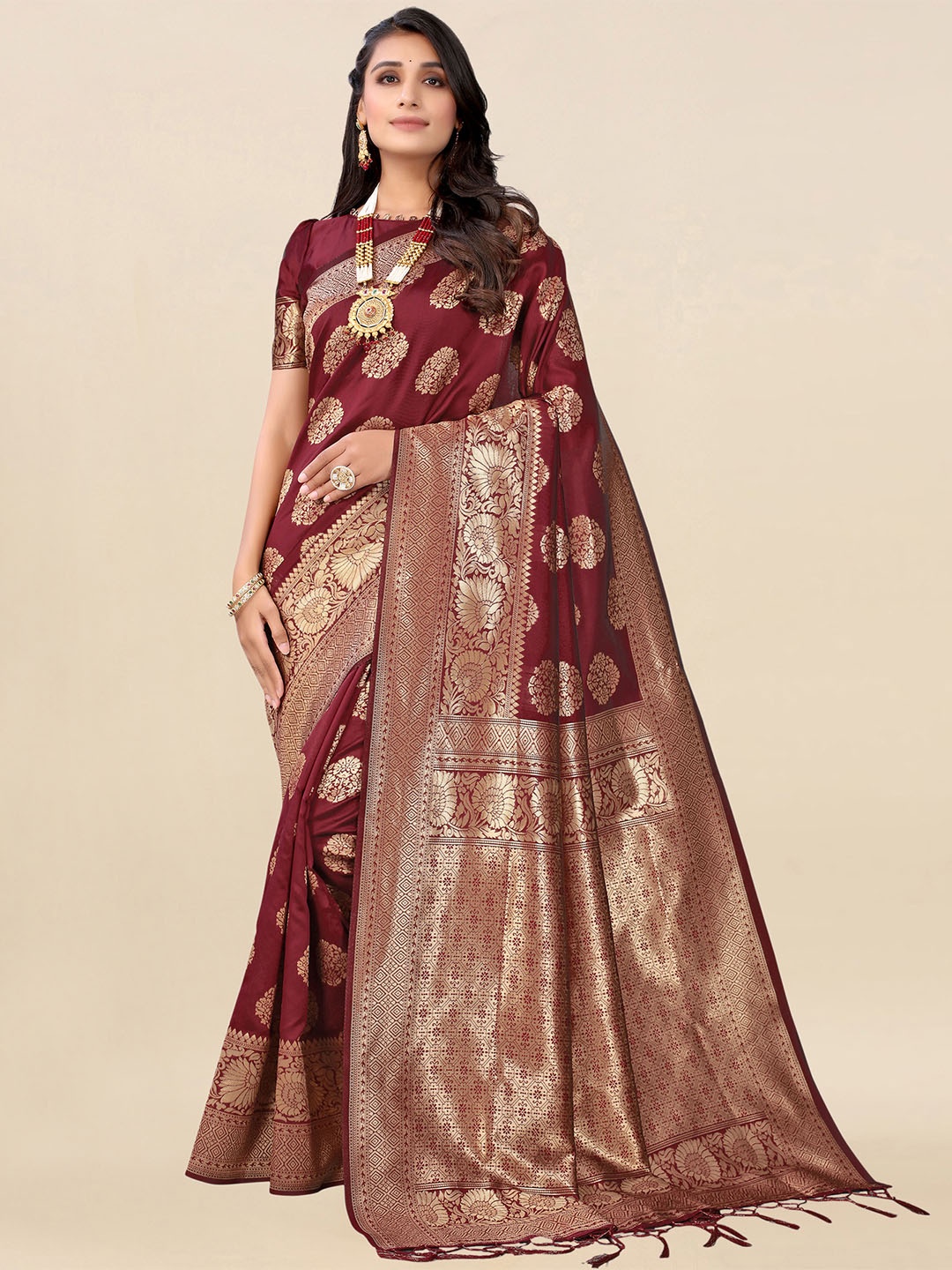 

Satrani Maroon & Gold-Toned Woven Design Banarasi Saree