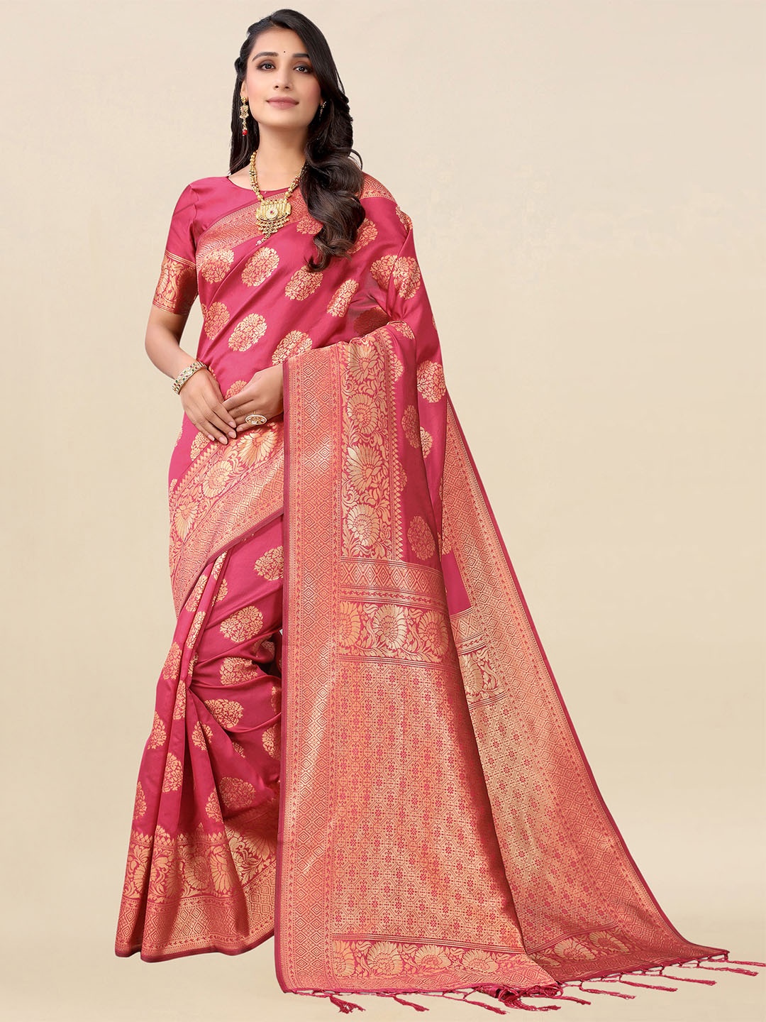 

Satrani Pink & Green Poly Silk Woven Design Banarasi Saree With Blouse Piece