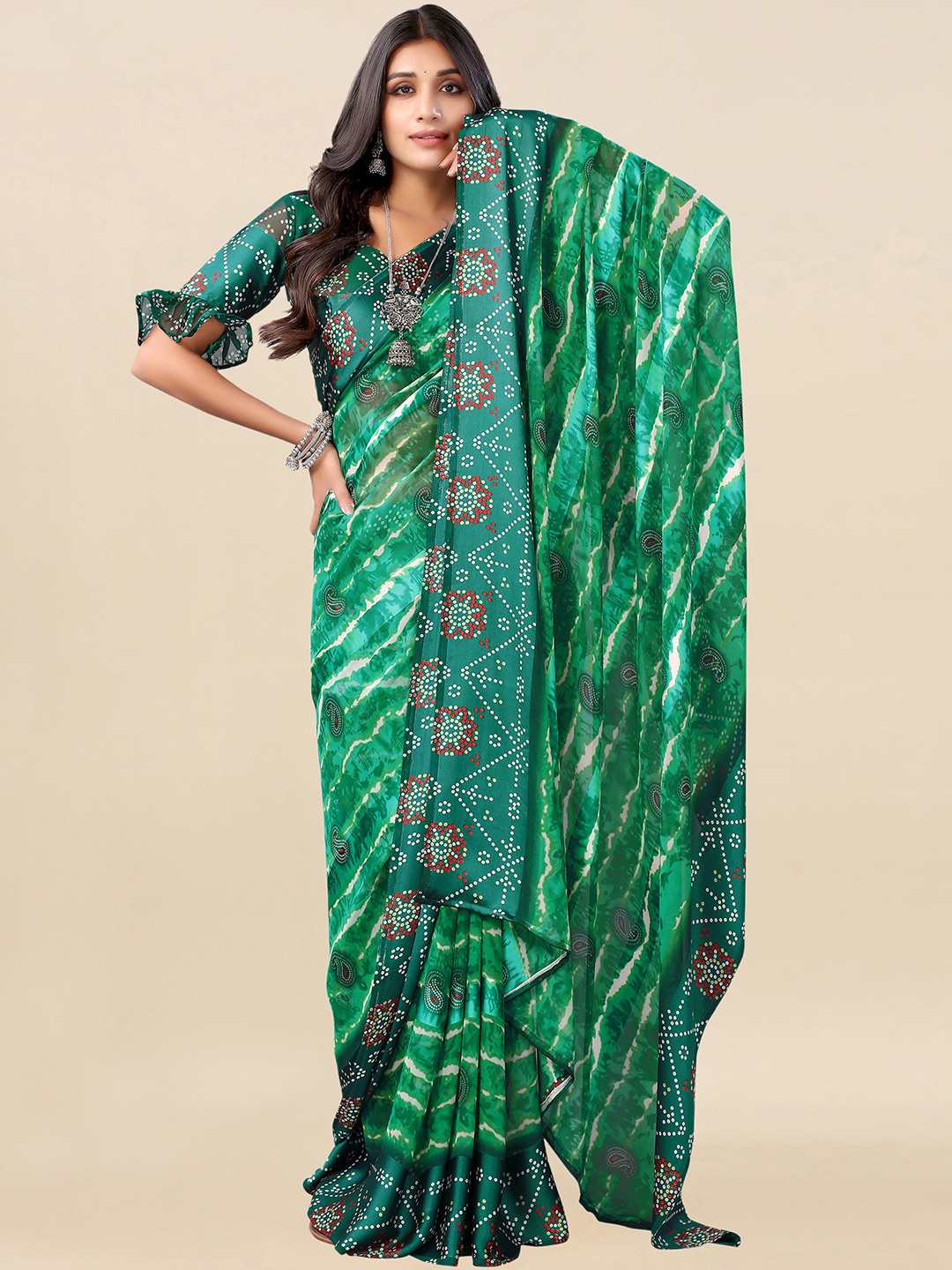 

Satrani Green & Red Paisley Zari Bandhani Saree