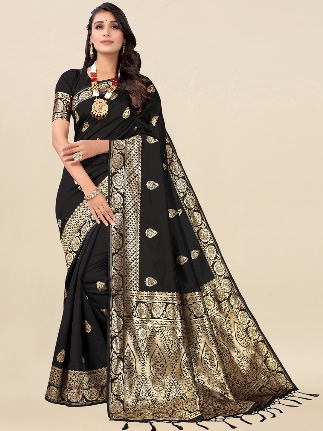 

Satrani Black & Gold-Toned Woven Design Saree