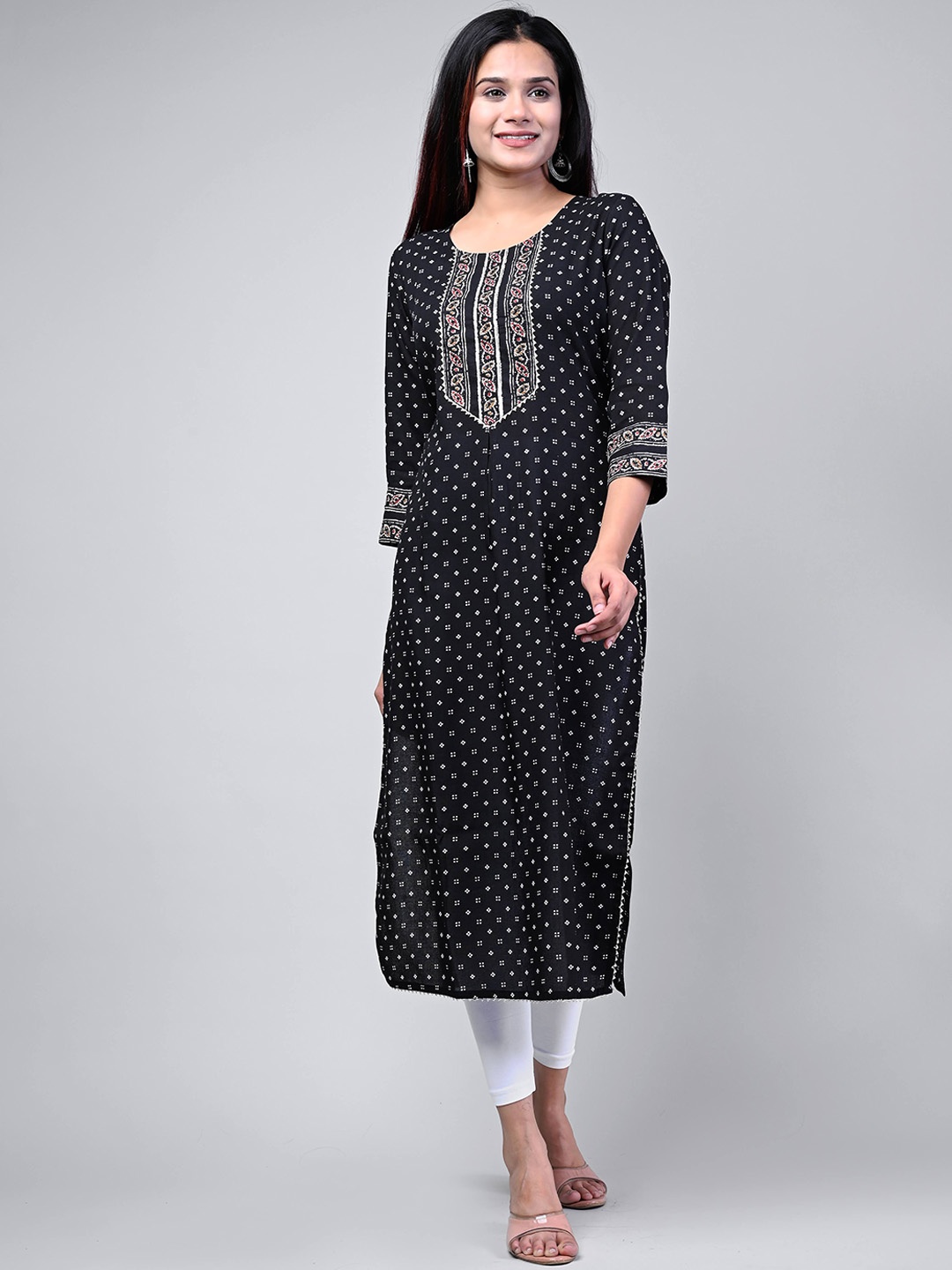 

Swasti Women Black Ethnic Motifs Printed Thread Work Floral Kurta