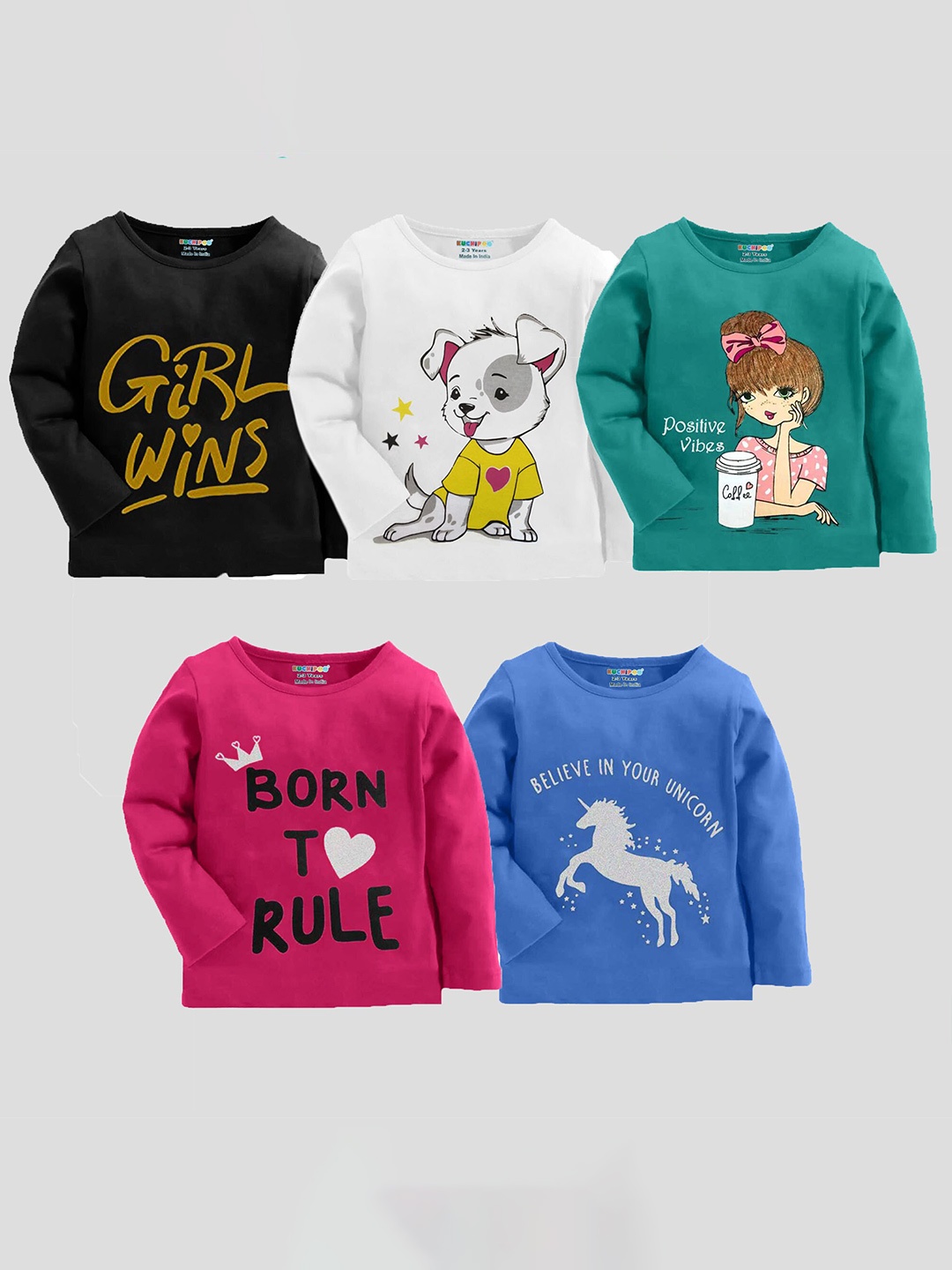 

KUCHIPOO Girls Multicoloured 5 Printed Applique T-shirt, Multi