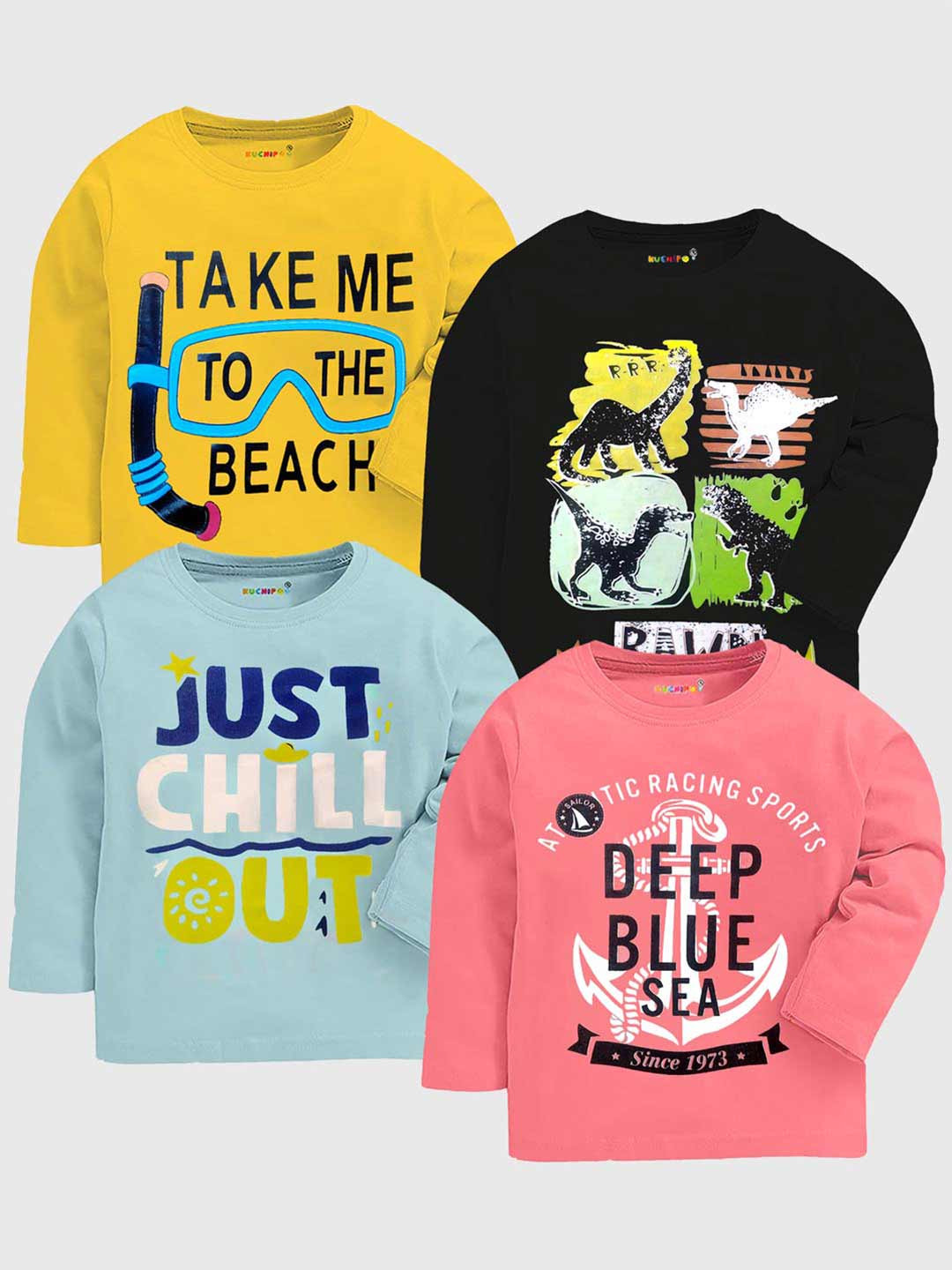 

KUCHIPOO Boys Multicoloured & begonia Typography 4 Printed Applique T-shirt, Multi