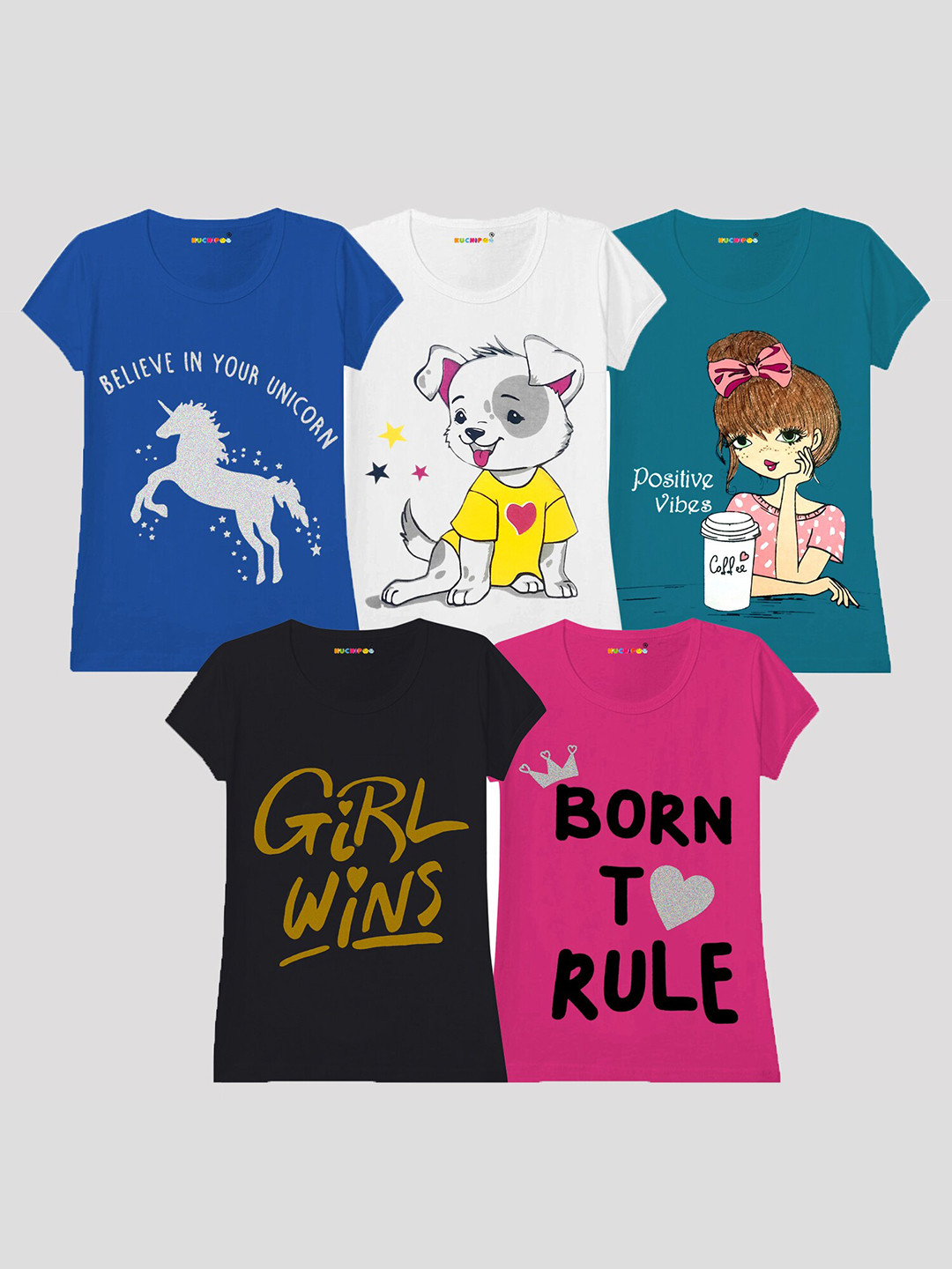 

KUCHIPOO Girls Multicoloured & yale blue 5 Printed Extended Sleeves T-shirt, Multi
