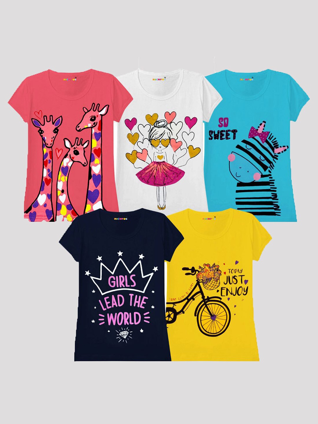 

KUCHIPOO Girls Multicoloured 5 Printed Extended Sleeves T-shirt, Multi