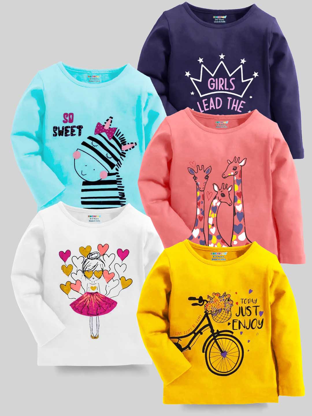 

KUCHIPOO Girls Multicoloured & space cadet 5 Printed T-shirt, Multi
