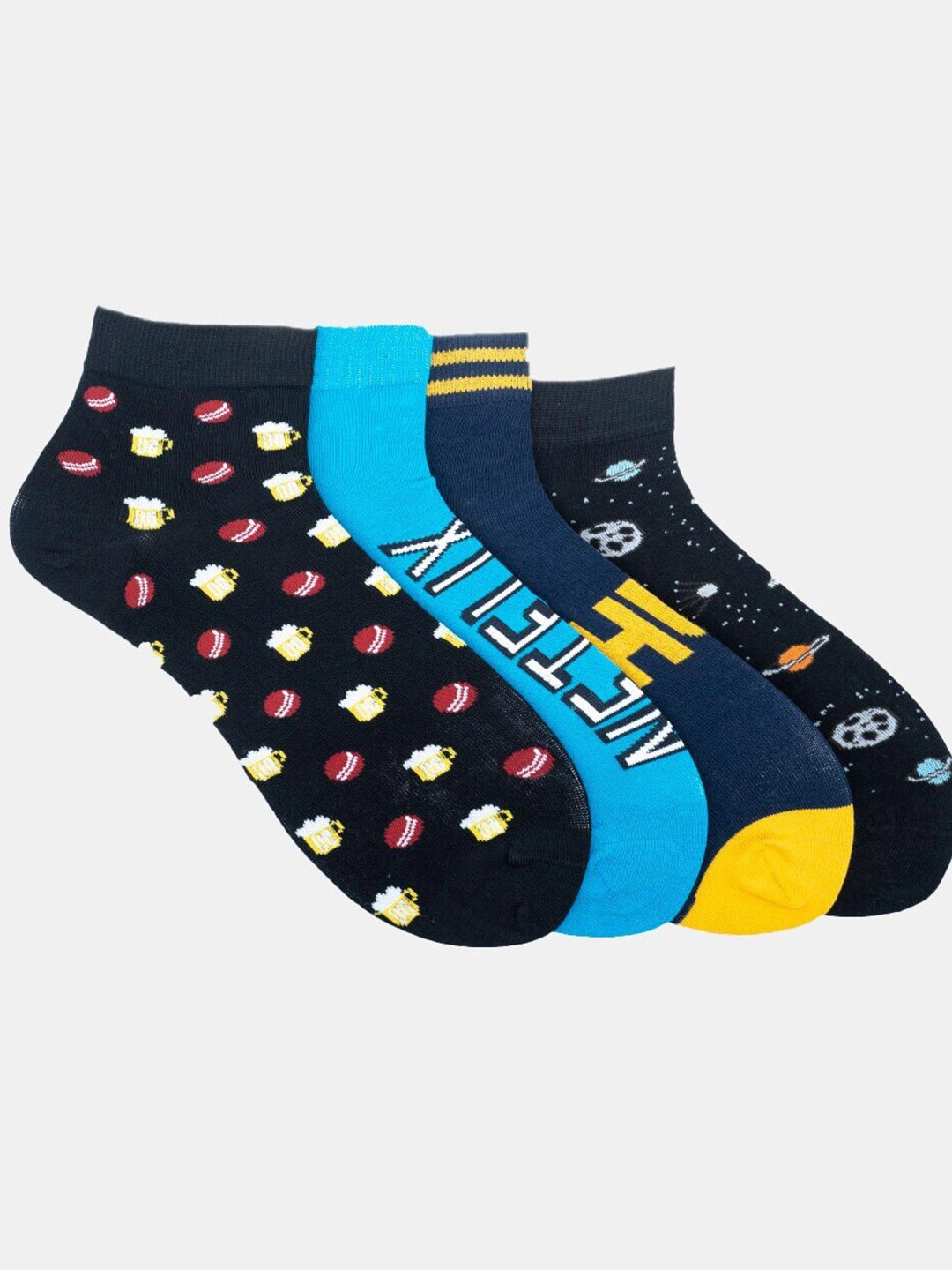 

Soxytoes Pack of 4 Patterned Cotton Ankle Length Socks, Navy blue