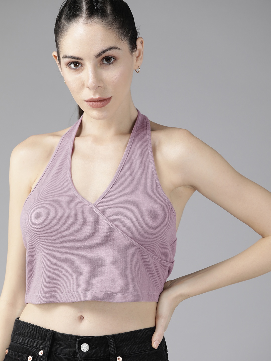 

Roadster Women Lavender Ribbed Halter Neck Crop Top