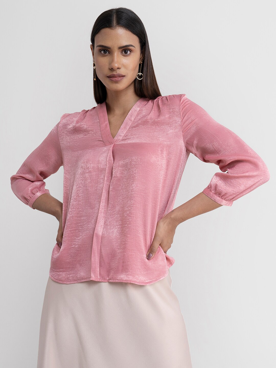

FableStreet Pink Mandarin Collar Satin Shirt Style Top
