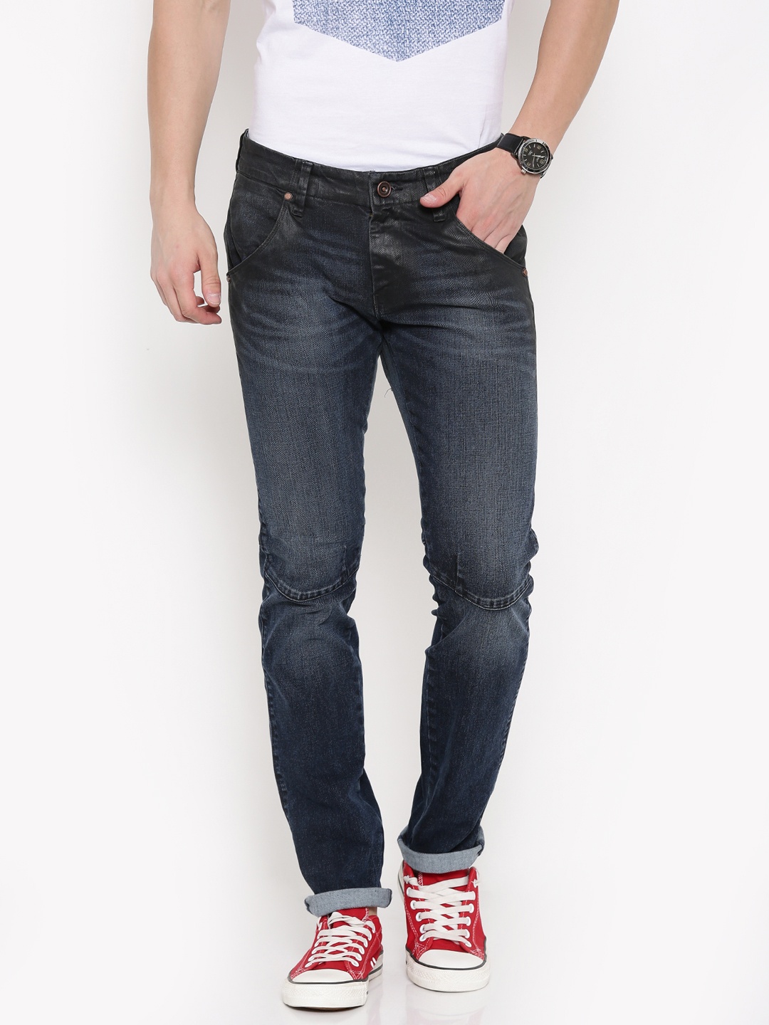 

Wrangler Men Dark Blue Low-Rise Skanders Slim Fit Coated Stretchable Jeans