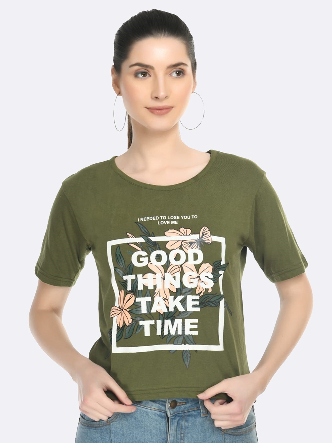Twinsboys Women Olive Green Printed Pure Cotton T-shirt