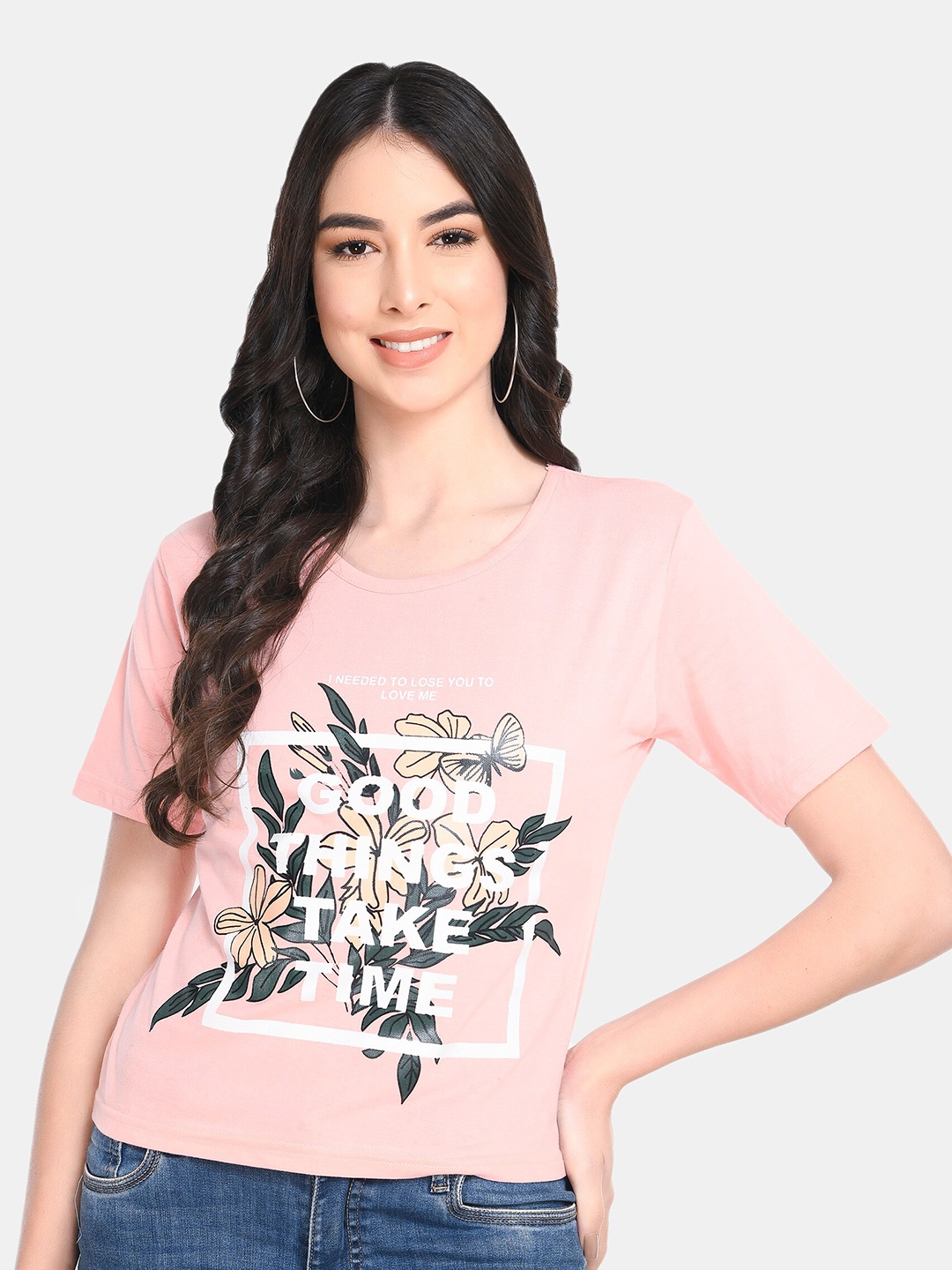 

Twinsboys Women Peach-Coloured Printed Pure Cotton T-shirt