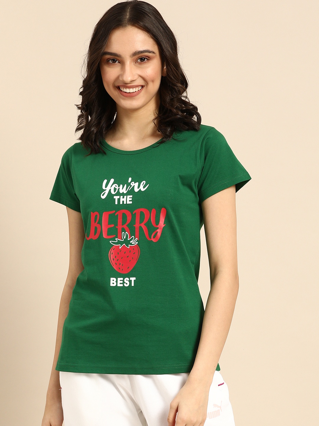

Clt.s Women Green Printed Cotton Boyfriend Fit Lounge T-Shirt