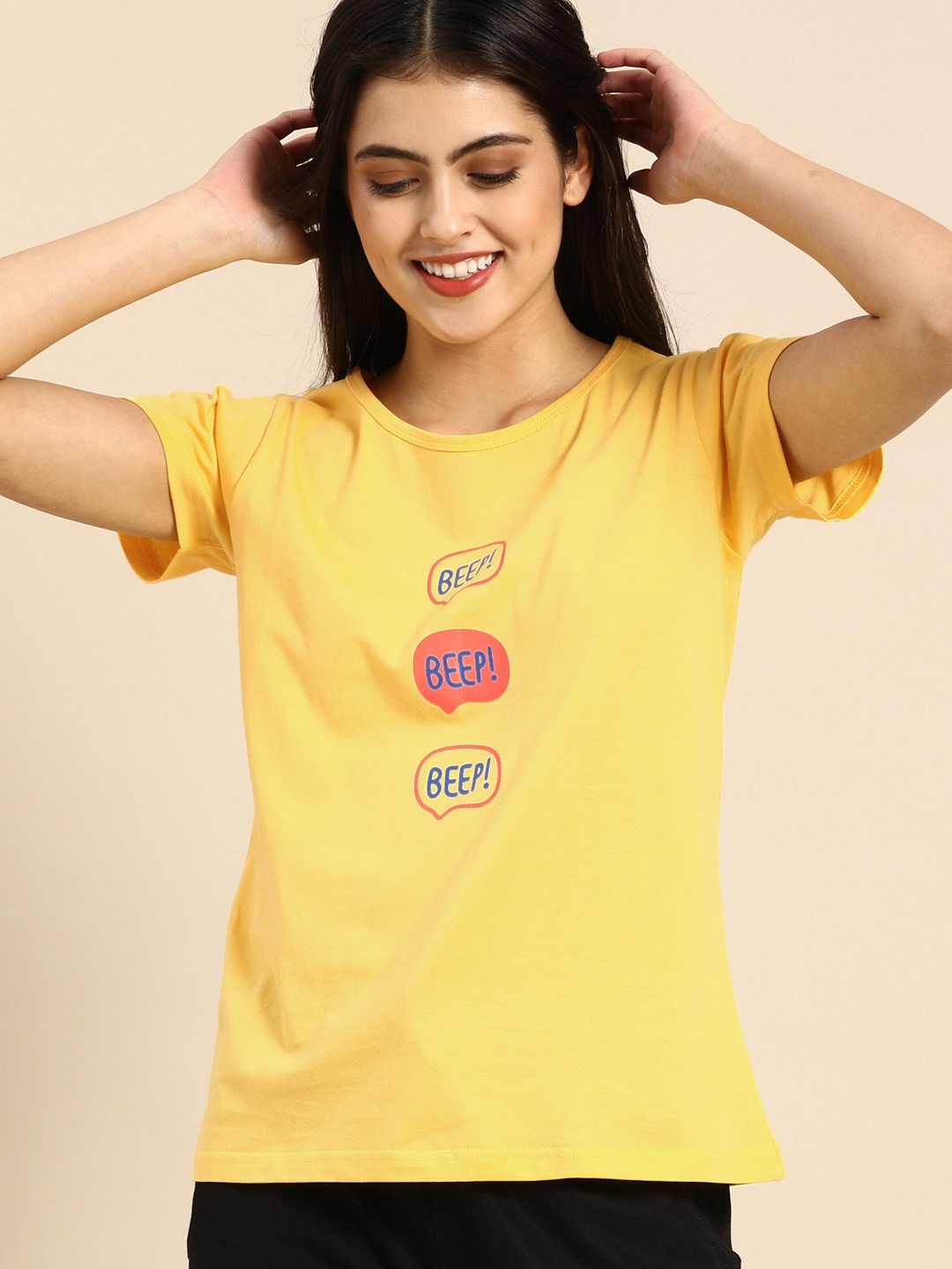 

Clt.s Women Yellow Printed Cotton Boyfriend Fit Lounge T-shirt