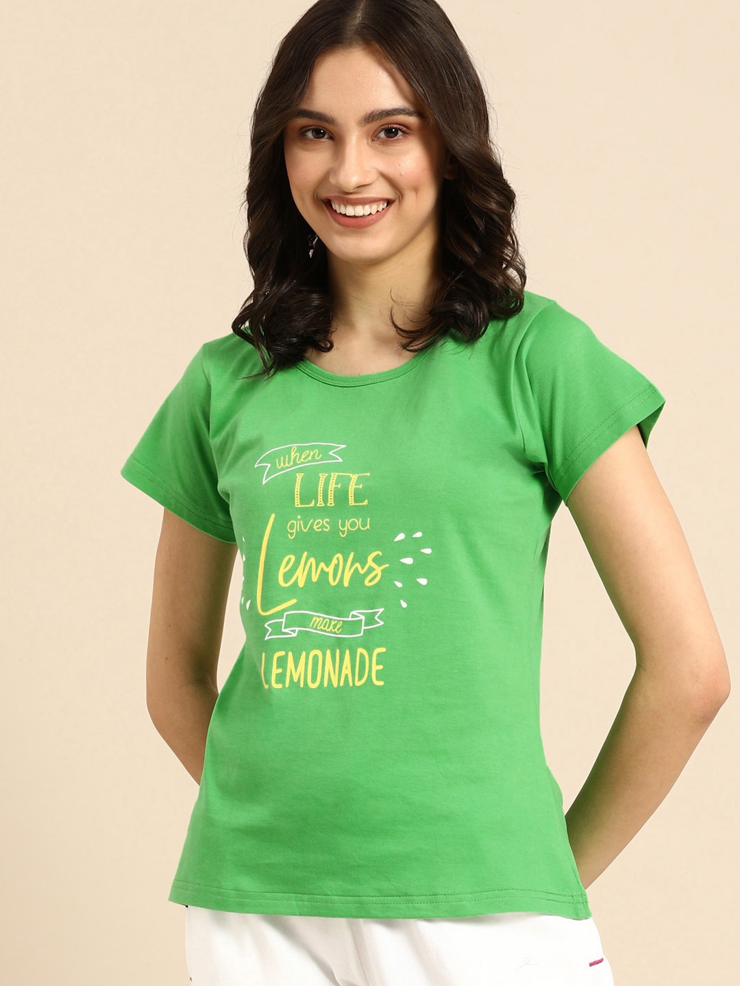 

Clt.s Women Green Printed Cotton Boyfriend Fit Lounge T-Shirt