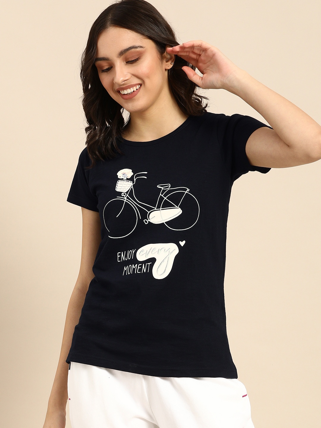 

Clt.s Women Navy Blue Printed Cotton Boyfriend Fit Lounge T-Shirt