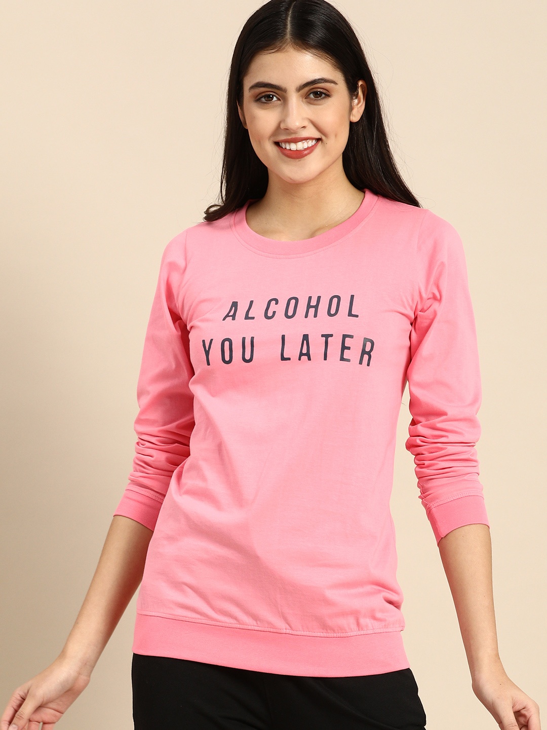 

Clt.s Women Pink Pure Cotton Typography Printed Lounge T-shirt