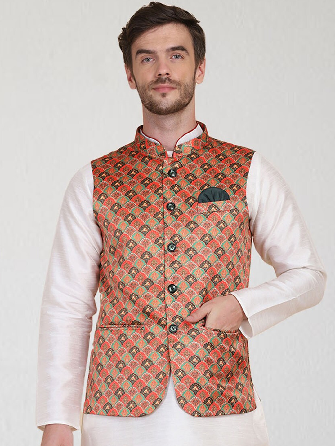 

TAHVO Men Orange & Green Printed Nehru Jacket